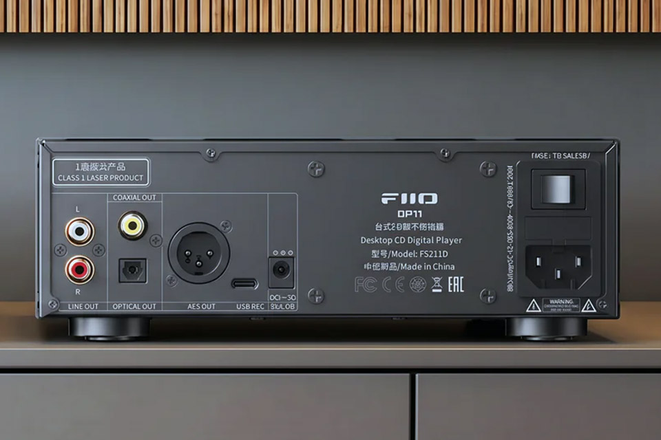 Rückseite des FiiO DP11 in Schwarz mit Cinch-, XLR-, Koax-, Optik- und USB-Anschlüssen