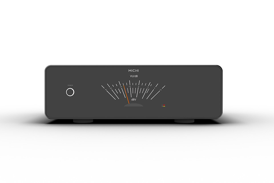 Stereo-Endstufe Michi Prestige S430 in Schwarz, Frontansicht mit VU-Meter-Anzeige im Display