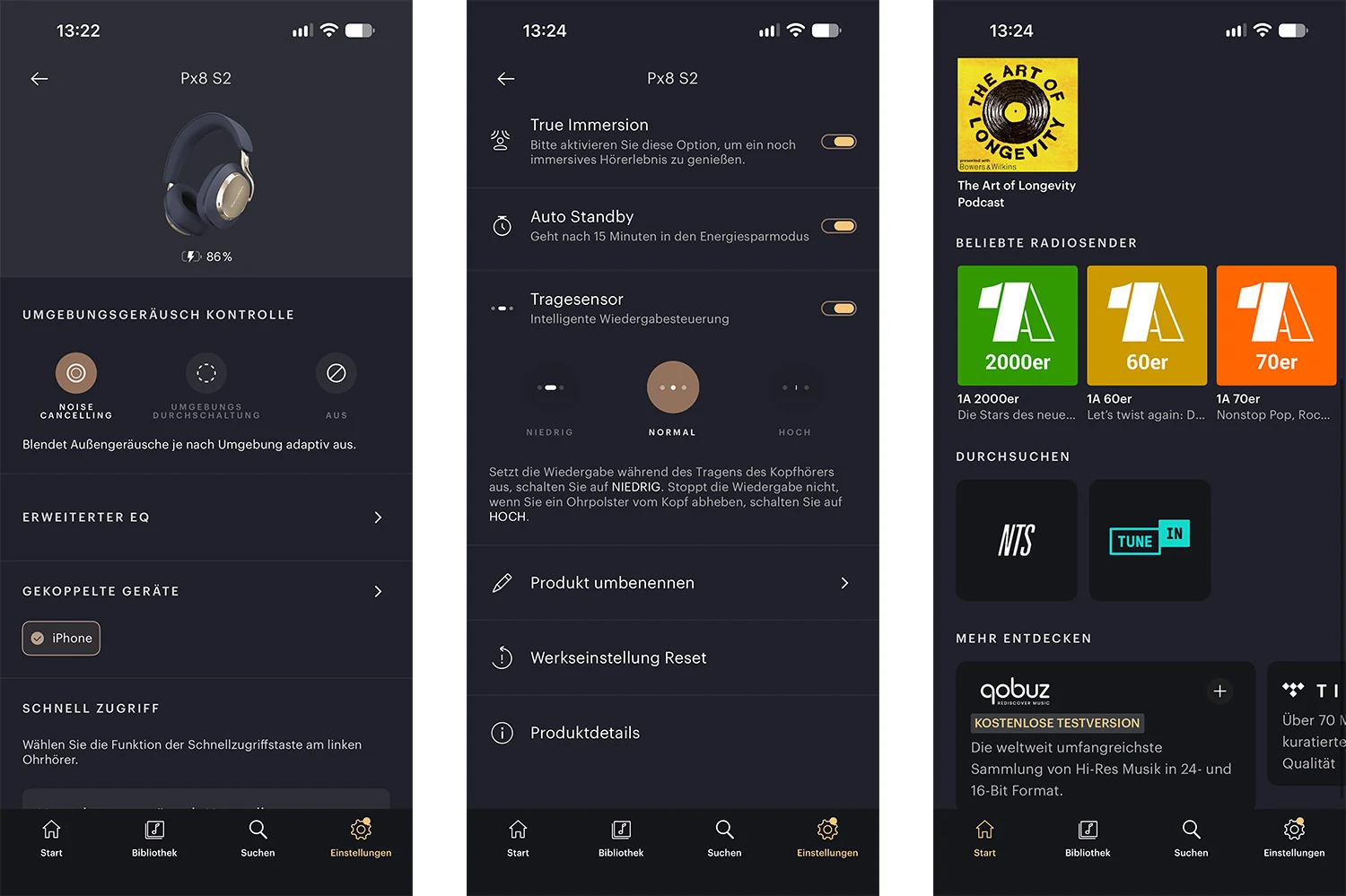 Screenshots der Bowers & Wilkins Music App mit Noise Cancelling, True Immersion und Tragesensor