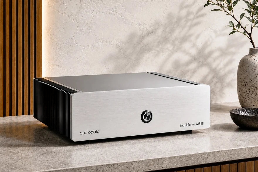 Audiodata MusikServer MS III mit silberner Frontplatte und rundem Startknopf auf einem Sideboard