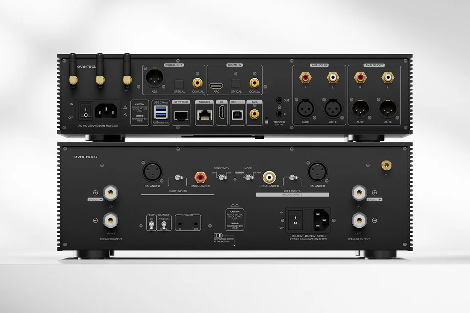 Eversolo AMP-F8 unter dem Streamer DMP-A8 Gen 2, beide Geräte von hinten mit allen Anschlüssen
