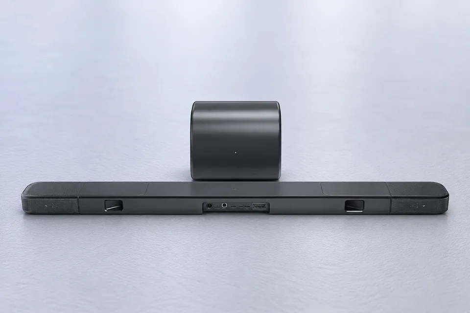 Rückseite der Soundbar mit Anschlussfeld, dahinter der Subwoofer