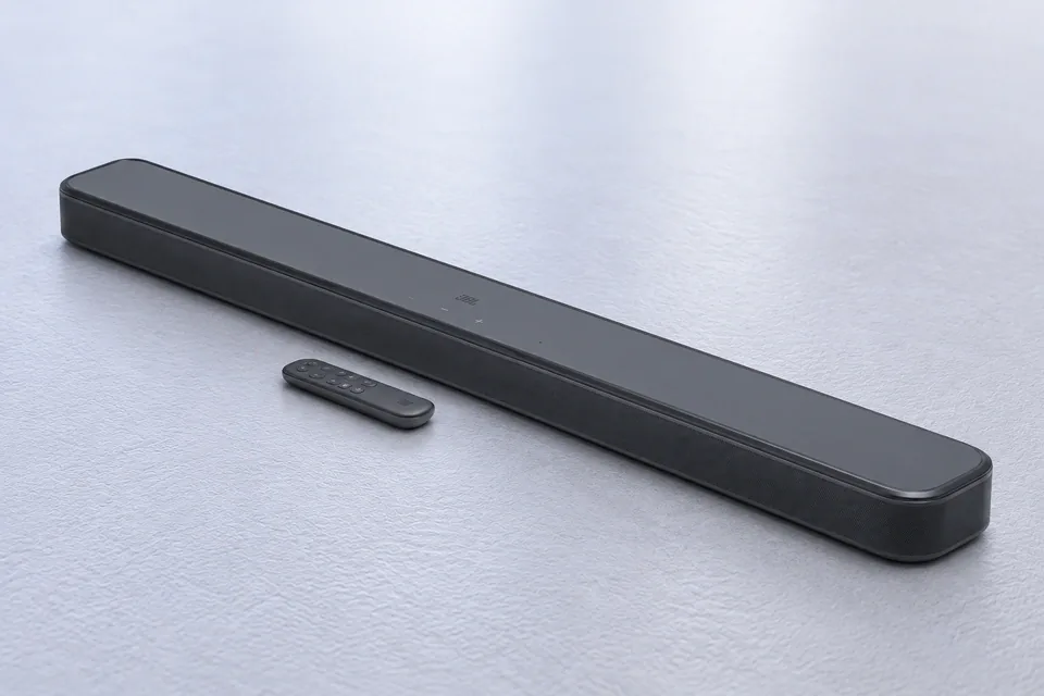 Soundbar schräg von oben mit kleiner Fernbedienung davor