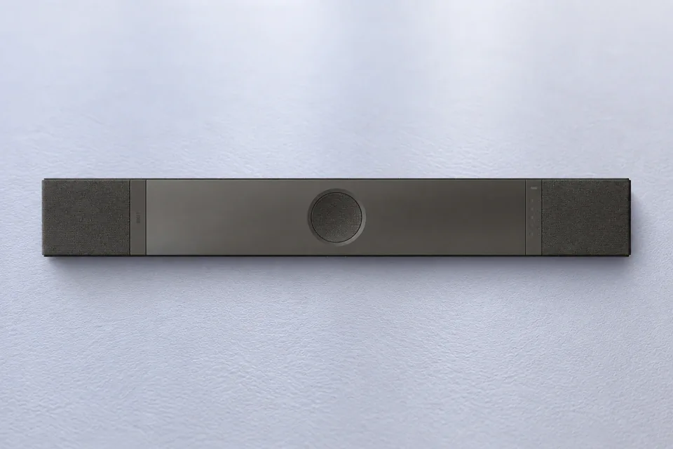 Soundbar von oben mit runder Öffnung in der Mitte und Tasten am rechten Ende