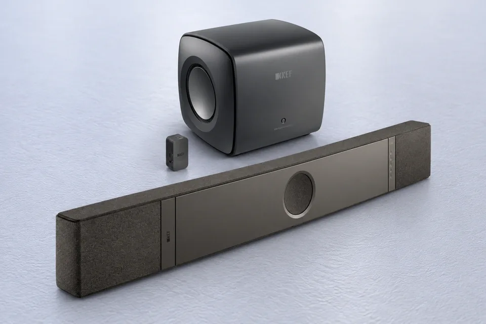 Soundbar mit KEF-Subwoofer und kleinem Funkadapter