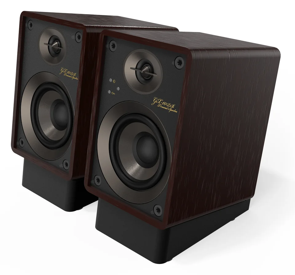 Onkyo Creator GX-10DB Aktivlautsprecher in Bordeaux Walnut auf angewinkelten Ständern