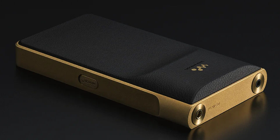 Rückseite mit schwarzer Lederoptik, Walkman-Logo, goldfarbenem Rahmen und 2 Kopfhörerbuchsen an der Stirnseite