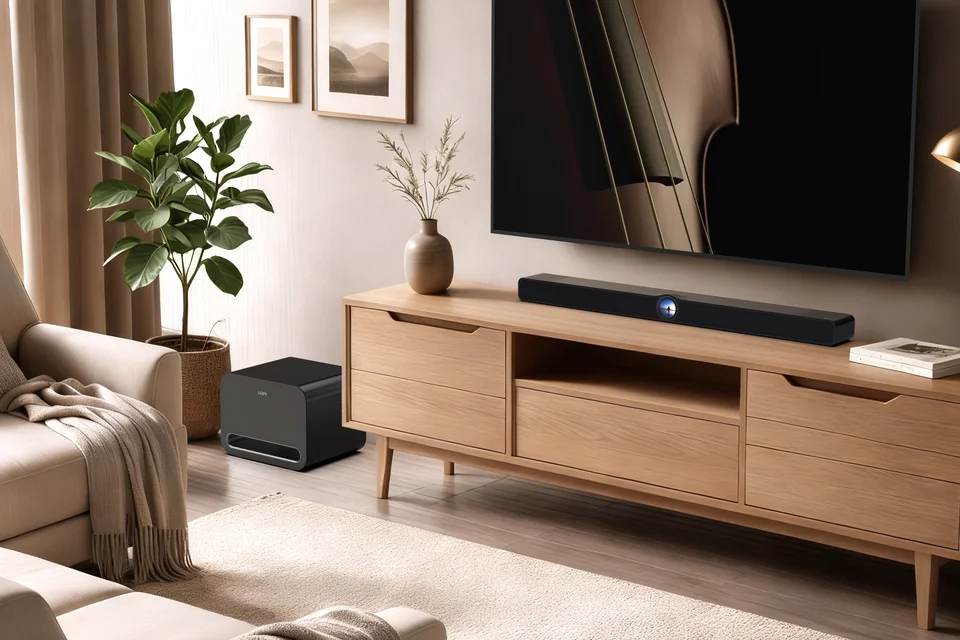 Schwarze Soundbar mit rundem Display auf einem Holz-Lowboard, daneben ein schwarzer Subwoofer